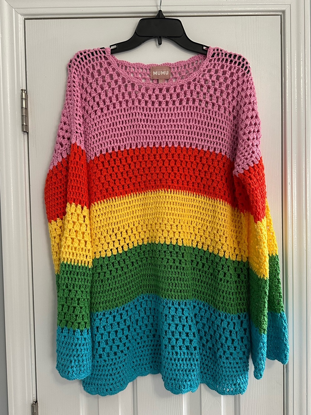 Mumu Rainbow Crochet Knit Sweater - Pink, Red, Yellow, Green, Blue